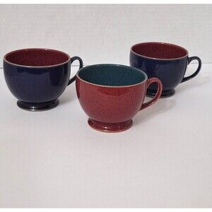 Denby England Stoneware Breakfast Tea Cups Red Green Blue Speckled Set of 3